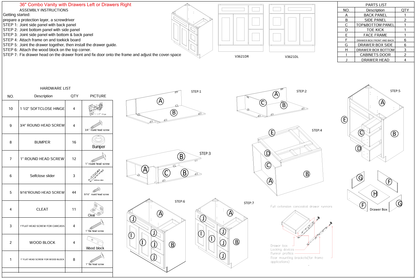 Vanity Sink Combo Drawer left or right